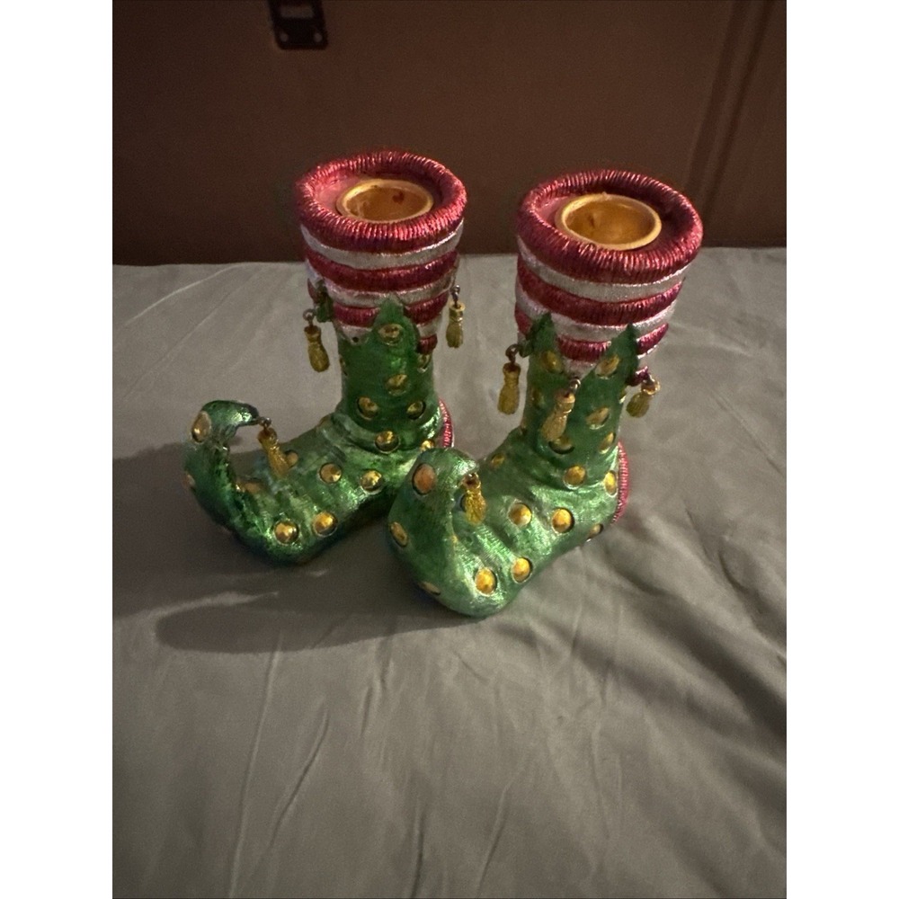 2 4-1/2" Boston Warehouse Tall Whimsical Christmas Elf Shoe Taper Candle Holders
